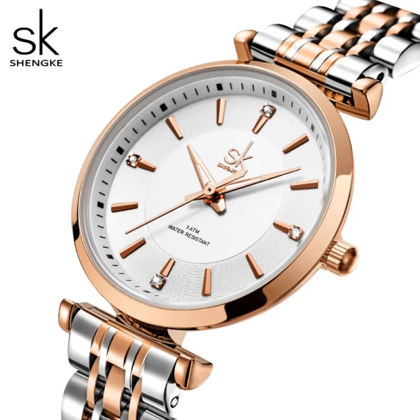 Relogio Feminino Shengke sk Mode Damklockor Rose Golden Rostfritt stål Dam Quartz Armbandsur Dam Färgrik klocka Golden Leather