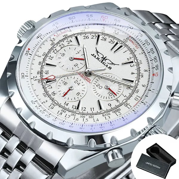 Toppmärke Lyx VINNARE Herr Mekaniska klockor 2017 Automatiska Armbandsur Herr Läderrem 3 Sub-dials 6 visare Reloj Hombre BO METAL SILVE-WHITE