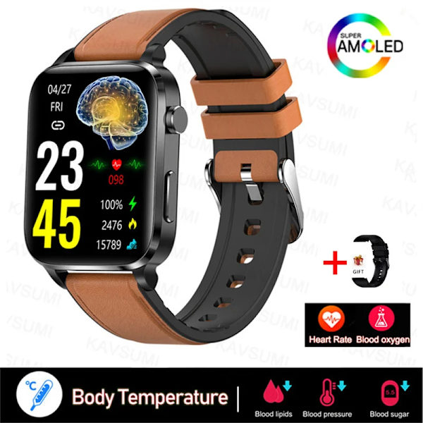 Smärtfri Icke-invasiv åtgärd Blodsocker Watch Män Laserbehandling Blodtryck Hälsa Kvinnor Glukometer Smartwatch Brown Leather