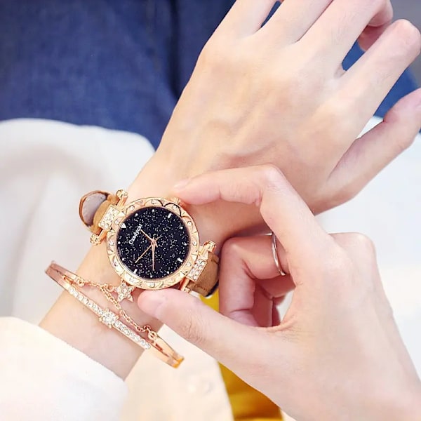 2st Set Damklockor Set Starry Sky Watch Casual Läder Sport Quartz Clock Montre Femme Brown