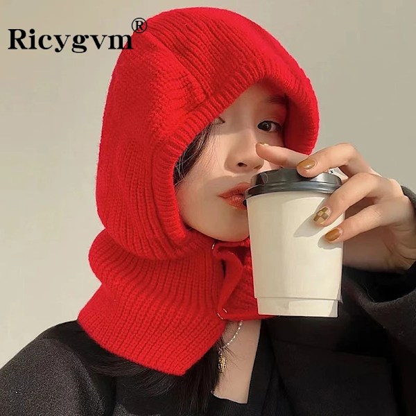 Ricygvm Koreansk Balaclava Hatt Höst Vinter Varma Kvinnor Huva Beanie Stickade Bib Halsduk Öronmuffar Mössa Mode Flickor Huvudbonad oatmeal One Size