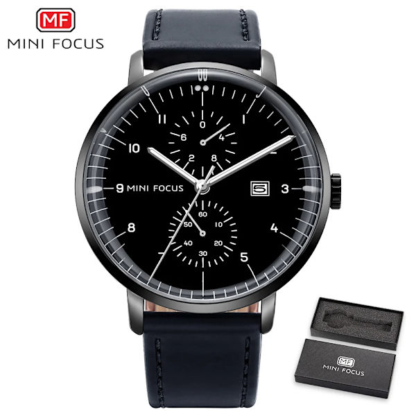 MINI FOCUS Mode Herrklockor Toppmärke Lyx Quartz Watch Date Window Armbandsur Brun Äkta läderrem reloj hombre BO ALL BLACK