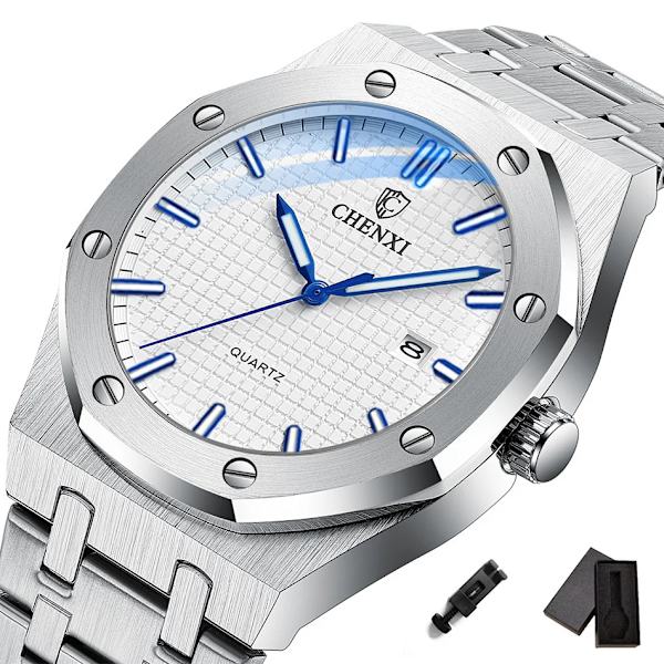 Big Dial Casual Herrklockor Lyxigt rostfritt stål watch för män Toppmärke Vattentät Quartz Minimalism Klocka White with Box