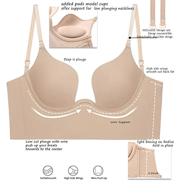 Kvinnors sexiga djupa U-hals BH Shaper Rygglös Push Up Bröst Underkläder BH Lågskurna Plunge Bröllopsunderkläder Korsett Beige M
