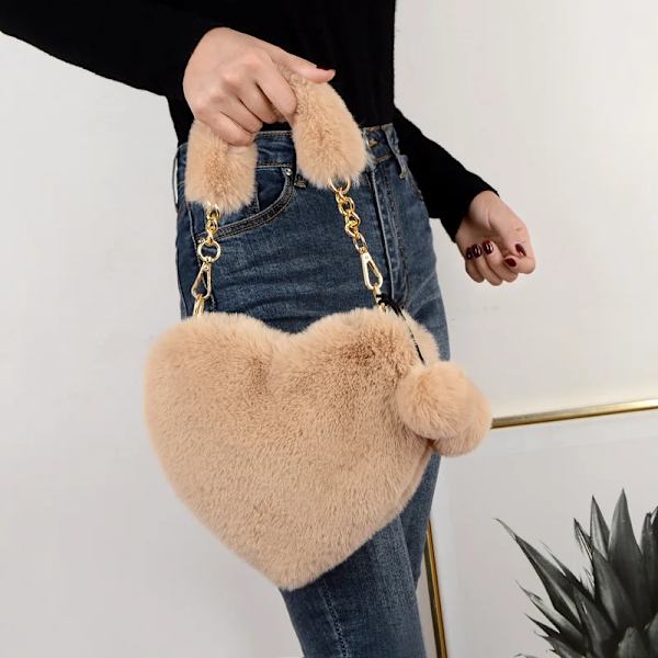 Fuskpäls Vinter Kvinnor Handväskor Söt Plysch Dam Hjärtformad Axelväska Söt Kvinnlig Clutch Handväska Love Handväskor Messenger Bag yellow 23x20cm