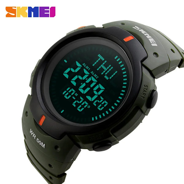 SKMEI Outdoor Chronograph Compass Watch Herr Multifunktion Vattentät LED Elektroniska Digitala Sportklockor Modearmbandsur Army Green