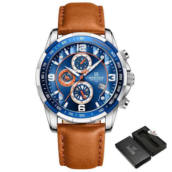 Toppmärke NAVIFORCE klockor för män Vattentät läder Quartz Watch Kronograf Sportarmbandsur Lysande manlig klocka S BE O Box