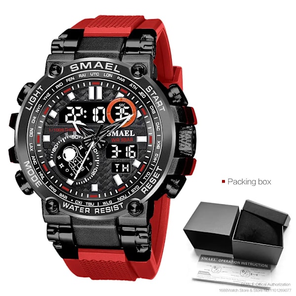 SMAEL Light Blue Sport Digital Watch för män Vattentät Dual Time Display Chronograph Quarz Armbandsur med Auto Date Week 1803B Red-Box