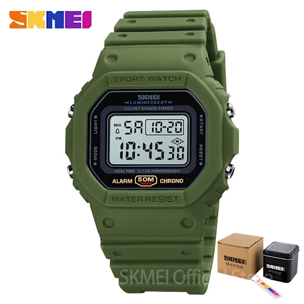 SKMEI Multifunktionell Digital Watch Herr 2 Time Count Down Herrarmbandsur Mode Retro Manklockor reloj hombre 1628 GreenWhite with box