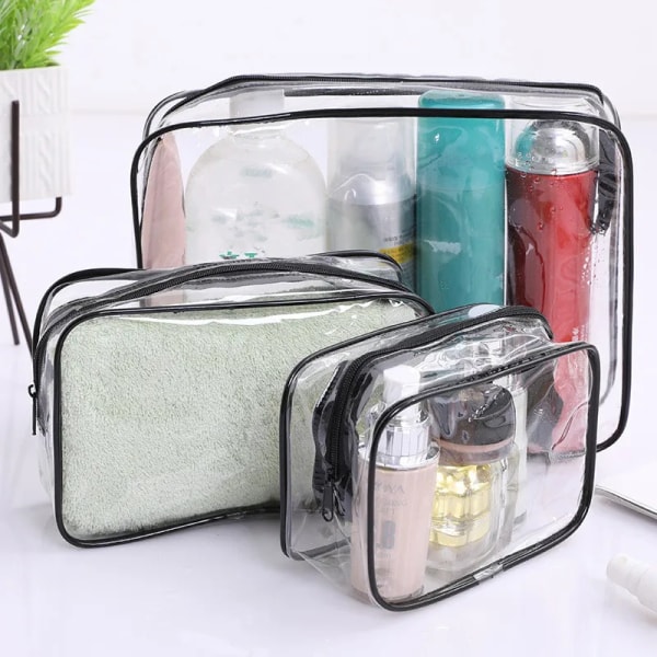 1 ST Vattentät PVC kosmetikaväska Tvätta Skönhetsväskor Kit Hemresa Transparent sminkväska Toalettväska Badprodukter Förvaringsväska Black L