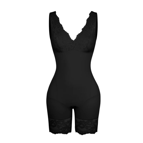 Kvinnor Full Body Shapewear Sexig V-ringad Body Slimming Belly Spets Patchwork Underkläder Waist trainer Modellering Strap Korsett Black S