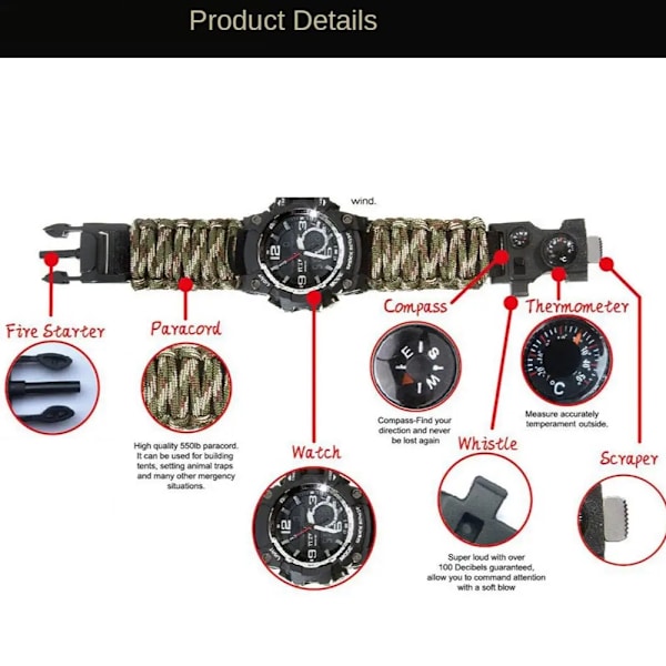 Utomhus Survival Watch Multifunktionell Vattentät Militär Taktisk Paracord Watch Armband Camping Vandring Nödutrustning EDC Camouflage with box