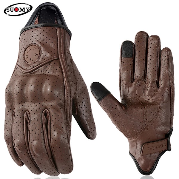 Suomy Vinatge Getläder Motorcykelhandskar Sommar Herr Perforerade Retro Läder Motorcykel Motocross Handske Dam Motorcyklist Guantes SU13 Brown-Hole XL