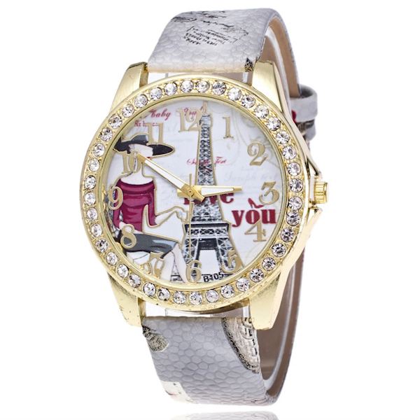 HET FÖRSÄLJNING!!! Kvinnor Rhinestone Inlagd Blomma Rund Urtavla Faux Läder Band Kvarts Watch Mode Kvarts Watch Kvinnor N