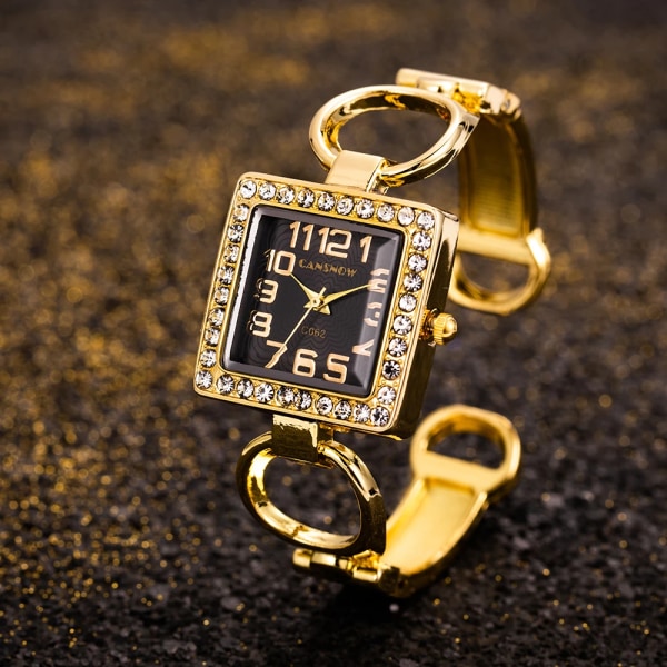 Watch för kvinnor 2022 fyrkantig urtavla strass i rostfritt stål urband Modearmbandsur Casual Watch zegarek damski Gold Black