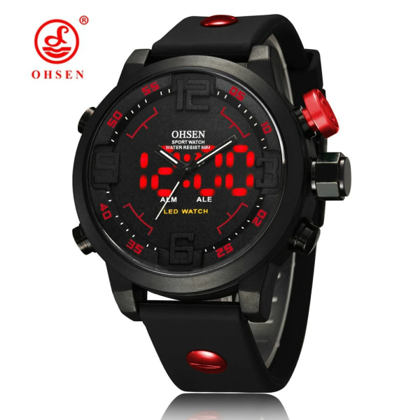 OHSEN Fashion Outdoor Sport Watch Herr Multi 5 Bar Vattentät Militärröd Digital Armbandsur Klocka Relogio Masculino Silver Black