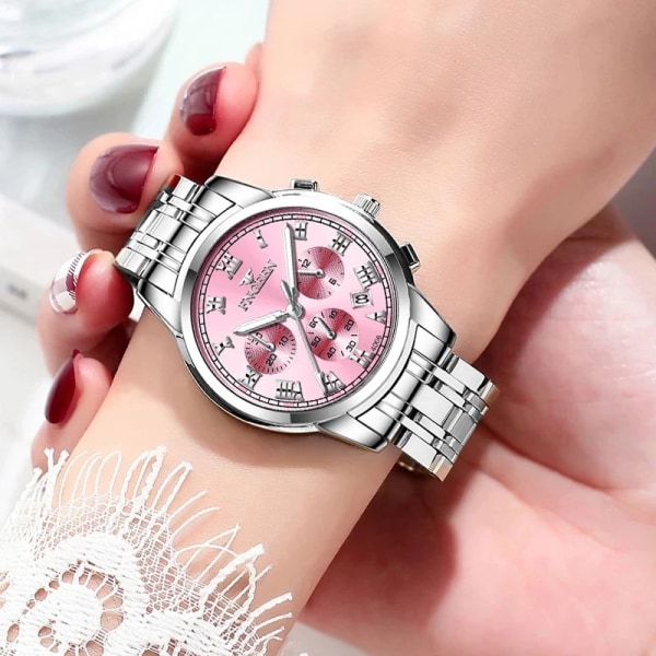 FNGEEN Top Brand Luxury Business Watch Damklockor Rostfritt stål Rosa Röd Quartz Armbandsur Vattentäta lysande visare Silver Blue