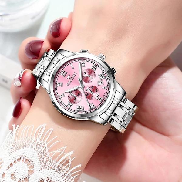 FNGEEN Top Brand Luxury Business Watch Damklockor Rostfritt stål Rosa Röd Quartz Armbandsur Vattentäta lysande visare Silver Pink
