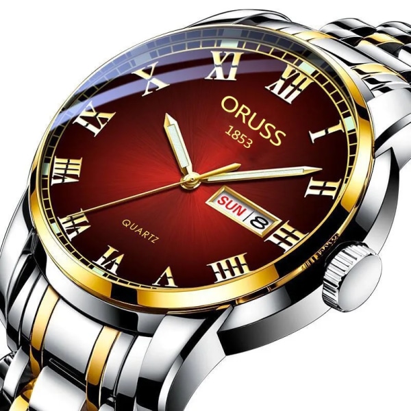 Watch män i rostfritt stål Business Dateklocka Vattentät lysande klockor Herr Lyx Sport Quartz Watch Gold Red