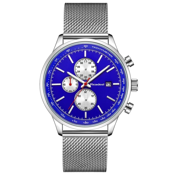 READEEL Klockor Herr Rostfritt stål Mesh Quartz Watch Kronograf Watch Herr Relogio Masculino Luminous Armbandsur Man Blue