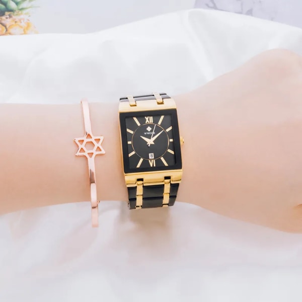 WWOOR Watch Toppmärke japanska kvartsklockor Fyrkantig svart watch i rostfritt stål Vattentät mode damarmbandsur gold black gold box