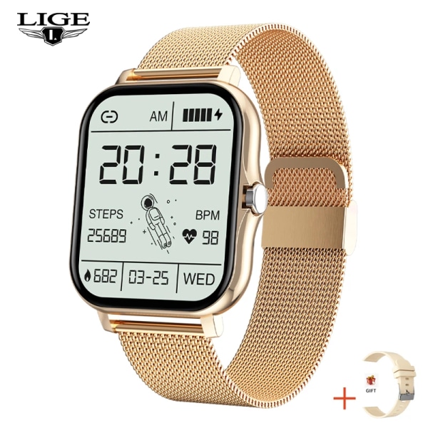 LIGE Nytt Bluetooth Call Smart Watch Dam Röstassistent Sport Fitness Armband Vattentätt Lday Smartwatch Herr För Android Ios Mesh belt gold Bluetooth call