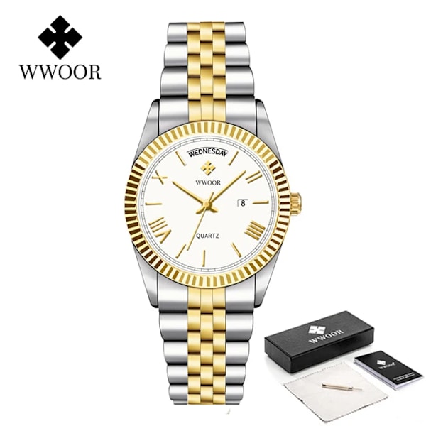 WWOOR Nya guldklockor Herr lyxigt rostfritt stål med kalender Warterproof manlig klocka Week Quartz Armbandsur Relogio Masculino Silver white box