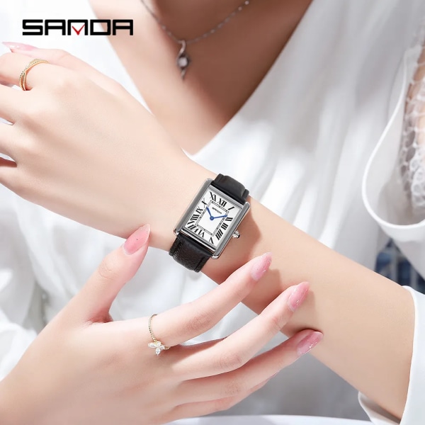 Sanda Brand Rektangulära Armbandsur För Kvinnor Silver Case Lyx Märke Äkta Läder Band Quartz Clock Zegarek Damski Black