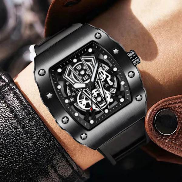 2023 Business Herrklockor Toppmärke Luxury Big Dial Vattentät Creative Black Quartz Tonneau Armbandsur för män Montre Homme 2022 bull red