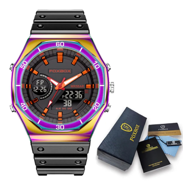FOXBOX Top Märke Lyx Herrklockor Vattentät Dubbel Display Armbandsur LED Watch för män Watch Herr Ny+Låda multicolor