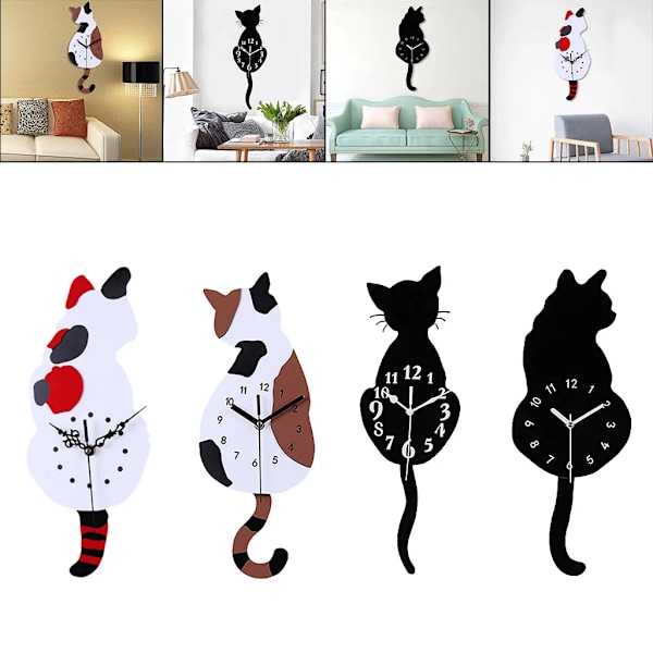 1 st 3D Katt Kvarts Väggklocka Svängande Svans Pendel Batteridriven För Sovrum 170x430mm