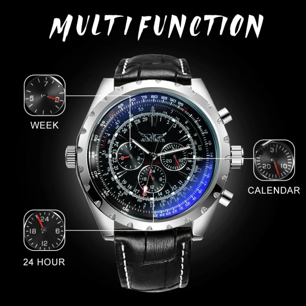 Toppmärke Lyx VINNARE Herr Mekaniska klockor 2017 Automatiska Armbandsur Herr Läderrem 3 Sub-dials 6 visare Reloj Hombre METAL SILVER-BLACK