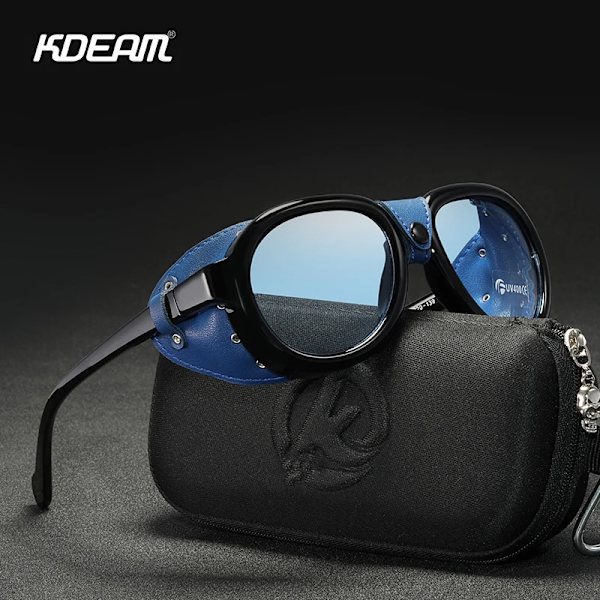 KDEAM Lyxiga Steampunk Pilot Solglasögon Män och Kvinnor Mjukt läder Sköldglasögon UV400 Skydd KD2095 C1 Bright Black