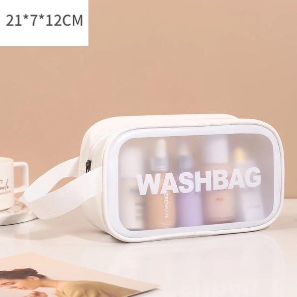 FUDEAM Transparent PVC kosmetisk väska för kvinnor Vattentät resor Toalettartiklar Förvaring Organisera PU sminkväska Kvinnlig tvättväska Handväska Small White B