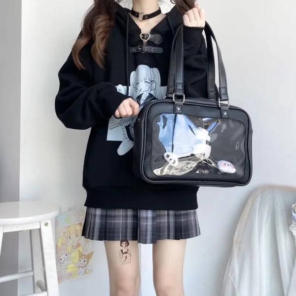 HAEX Harajuku Lolita Girls Ita-väskor Japanska JK-uniform Se Through Large Capacity PU Mode Casual Studenter Axelväskor Black 32x23x9cm