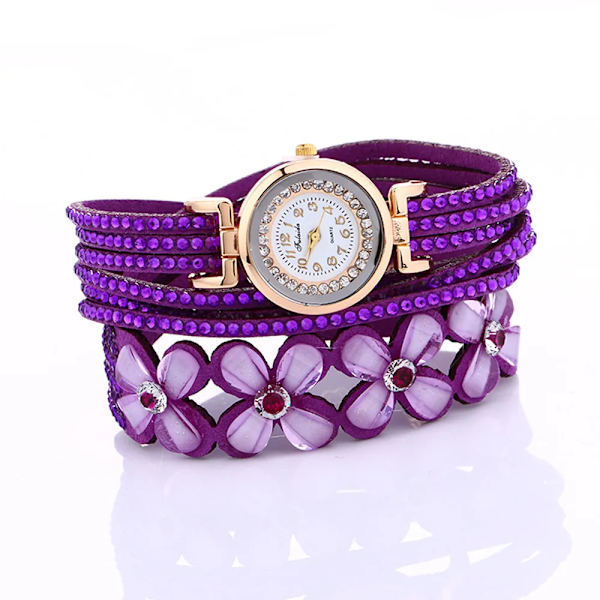 Märke Mode Dam Blomma Kristallklocka Watch Casual Lyx Läder Strassarmbandsklocka Watch Feminino Brown