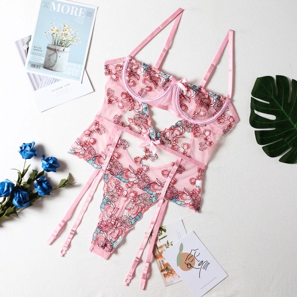 Blommig broderi Spetsbody Damunderkläder Mesh Shapers Sexiga underkläder kvinnor 3-delade stringtrosor Rivjärn Push up BH Briefset pink M