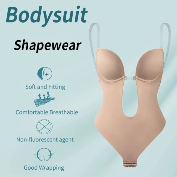 Kvinnor Rygglösa Korsetter Shaper Sexig Seamless String Bodysuits Butt Lifter Djup V-hals U Plunge Bodyshaper Push Up Shapewear Fajas A-Beige XXL