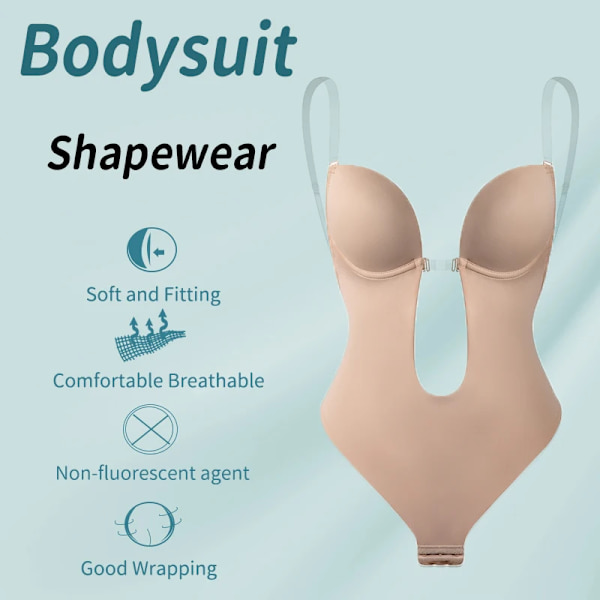 Kvinnor Rygglösa Korsetter Shaper Sexig Seamless String Bodysuits Butt Lifter Djup V-hals U Plunge Bodyshaper Push Up Shapewear Fajas B-Browm M(34)