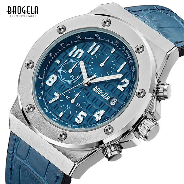 BAOGELA Herr nya kvartsklockor 2019 Vattentät Kronograf Casual Lysande Watch Man Läderrem Relogios 1805 Blå 1805Blue