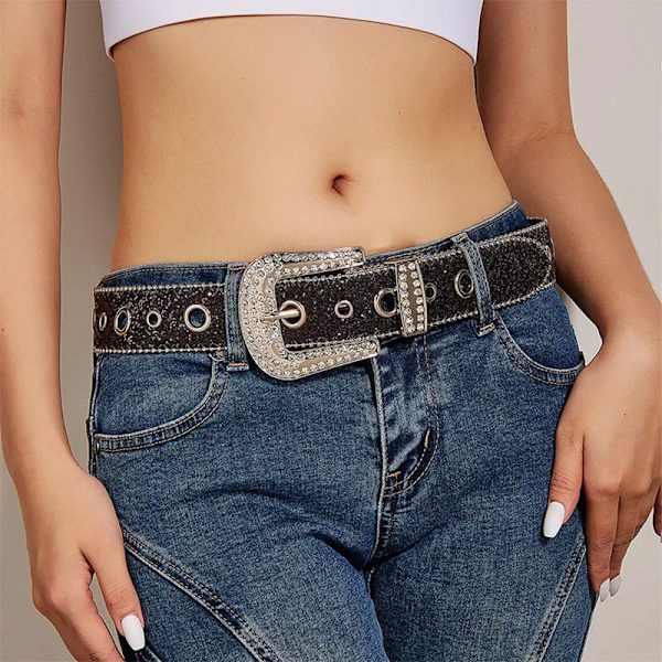 Goth Strassbälten Dam PU-läderrem Shinning för strassbälten Western Cowboy Y2K Flickor Modebälte för jeans Män sliver 105CM