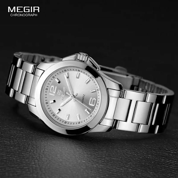 MEGIR Dam enkel rund urtavla kvartsklockor i rostfritt stål Vattentät armbandsur för kvinna MS5006L White-Box