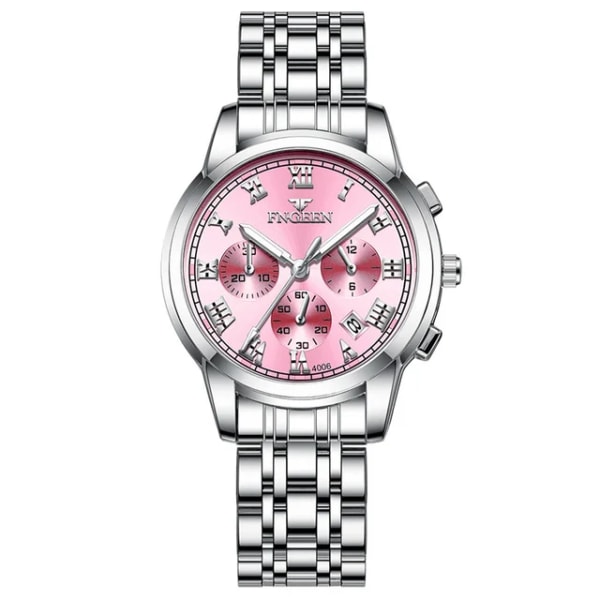 FNGEEN Top Brand Luxury Business Watch Damklockor Rostfritt stål Rosa Röd Quartz Armbandsur Vattentäta lysande visare Silver Pink