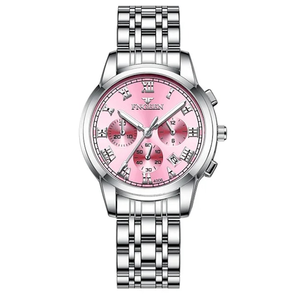 FNGEEN Top Brand Luxury Business Watch Damklockor Rostfritt stål Rosa Röd Quartz Armbandsur Vattentäta lysande visare Silver Pink