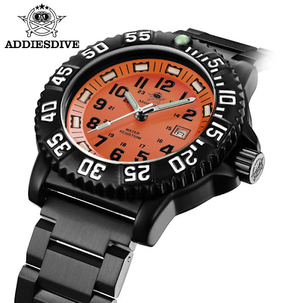 ADDIES Ny Orange Watch Sports Luminous Herrklocka Toppmärke Lyx Helt stål Quartz Klocka Vattentät Date Watch Herr 050-talet Silicone A box