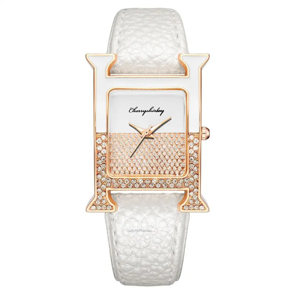 Rektangel Elegant Kvinnor 2022 Modeklockor Diamant Lyx Läder Dam Quartz Watch Kvaliteter Kristallurtavla Kvinnlig klocka White