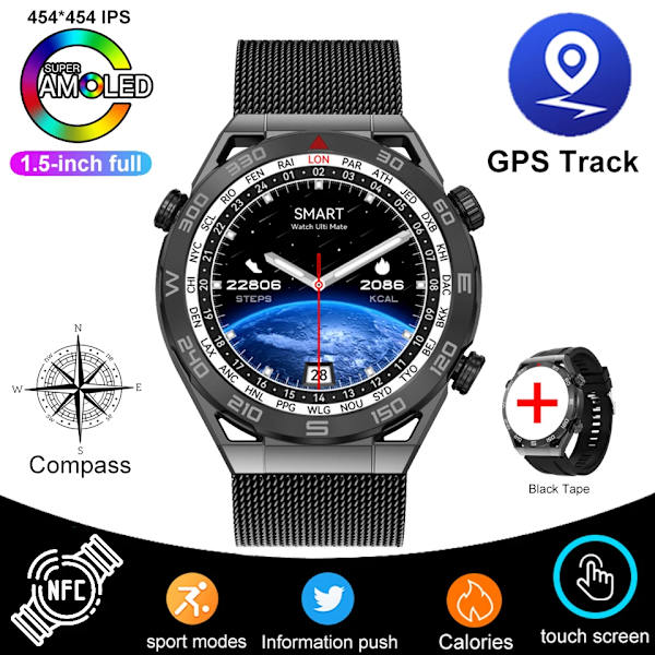 GPS-bana Ny Smartwatch Herr 1,5 tum 454*454 HD Bluetooth Calling NFC-klockor Kompass Vattentät EKG Smartwatch För Huawei Black mesh belt