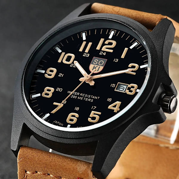 Märke Sport Militärklockor Mode Casual Quartz Watch Läder Analog Herr 2020 Ny SOKI Lyxarmbandsur Relogio Masculino Black-A