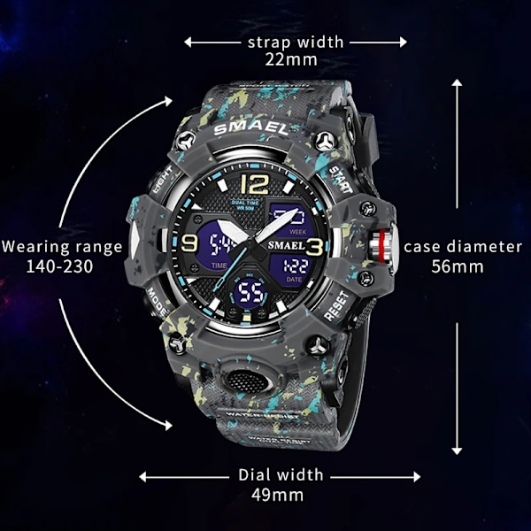 Herrklockor Sport SMAEL Military Watch Camouflage Style 50M Vattentät klocka Alarm Stoppur 8008 Quartz Armbandsur för män CAMO-BLUE