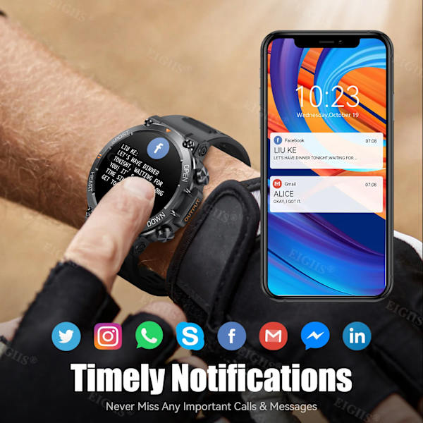 EIGIIS Smart Watch Herr 1,39'' IPS-skärm Bluetooth Call Watch 24 Sportlägen 400mAh batteriklocka Smartwatch For Herr Silicone Khaki Bluetooth Call